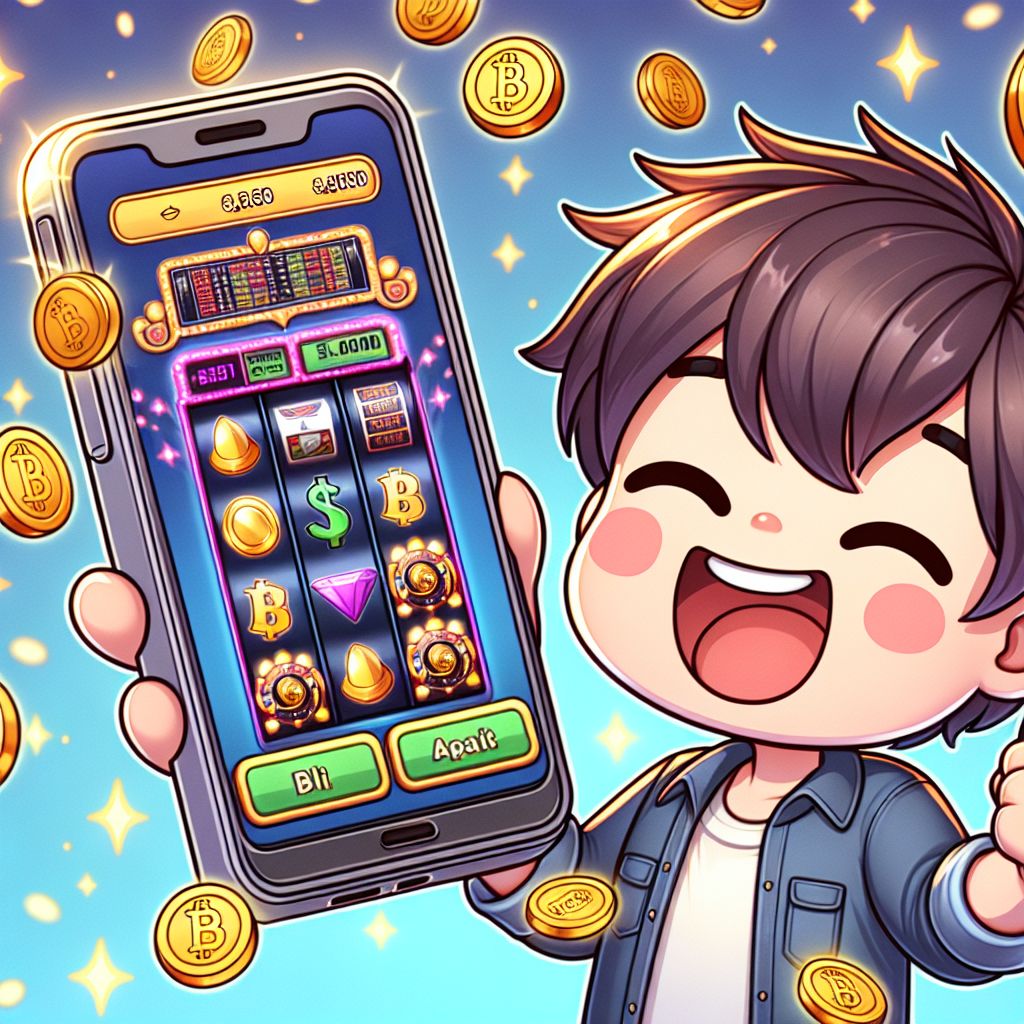 Cartoon character holding smartphone with casino app interface and coins