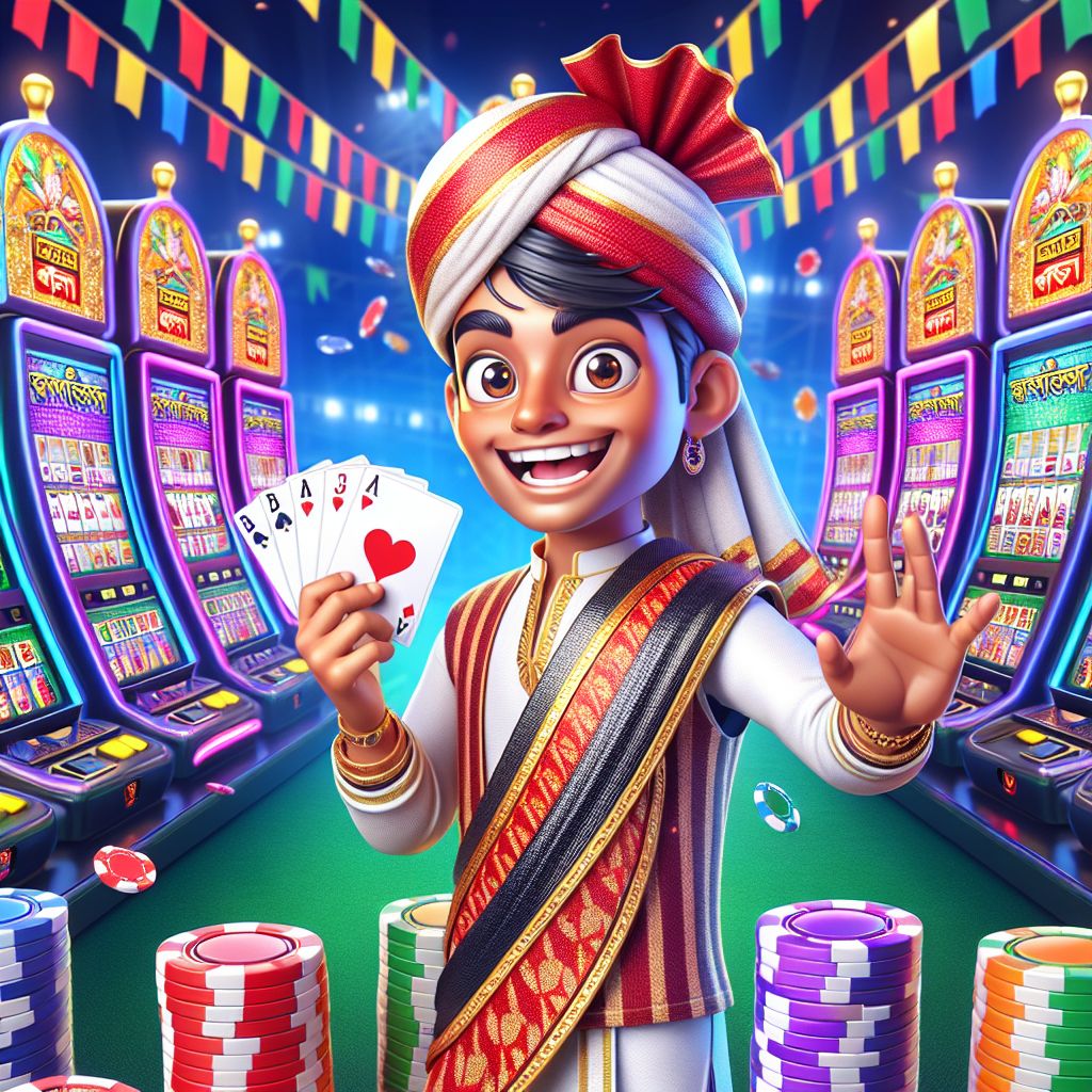 Cartoon character celebrating casino win with chips and coins