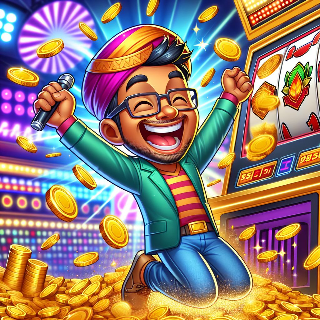 Cartoon character celebrating slot machine jackpot with coins and gems